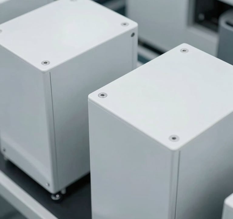 A high-angle, minimalist photography shot of technical hardware units. The composition is stark and professional, emphasizing geometric precision and industrial grade quality. The palette is dominated by stark white and industrial grey, reflecting a professional North American / US corporate aesthetic.
