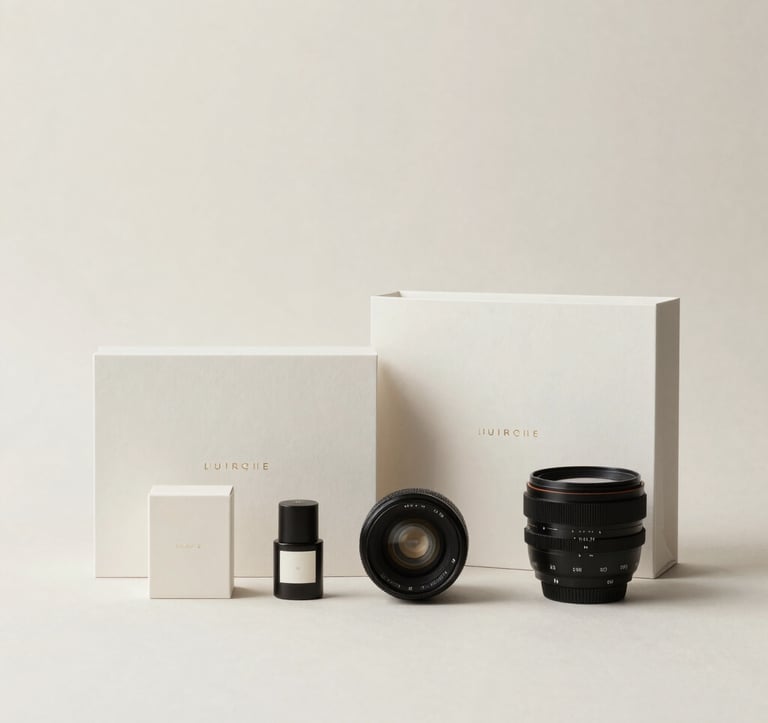Minimalist photography of luxury corporate gift sets in a soft off-white studio environment. The composition focuses on precise alignment and high-end materials, reflecting North American / US corporate elegance.