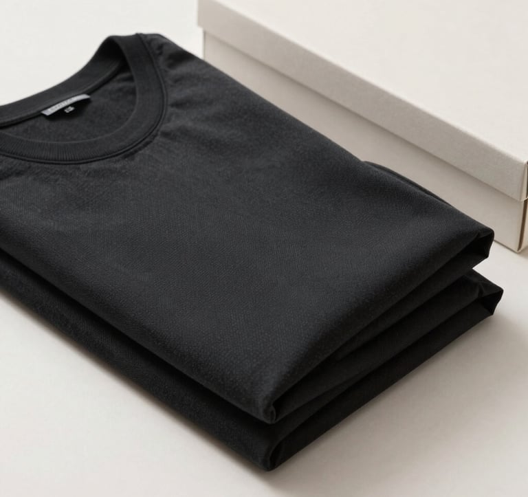 A professional photograph of a high-end charcoal black garment precisely folded alongside a soft off-white minimalist box, sharp editorial lighting, North American / US studio setting.