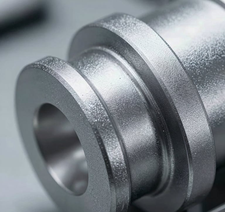 A macro photography shot focused on the raw material texture of a premium industrial component. The surface shows a refined silver mist finish with precise edges. The lighting is editorial and sophisticated, emphasizing technical perfection and quality. Shot in a North American / US research environment.