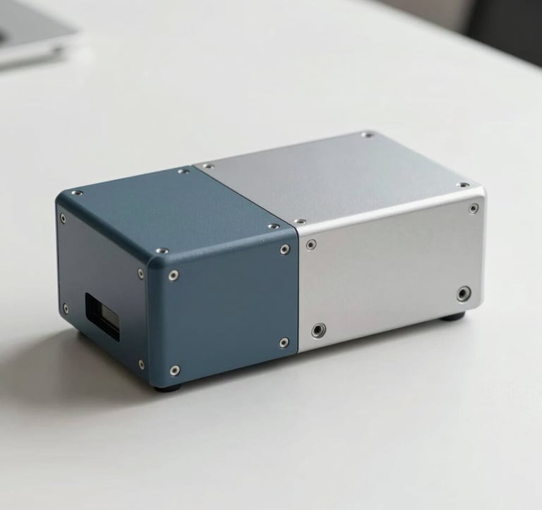 Minimalist photography of a slate blue technical device paired with its light silver industrial shell, precision layout on a clean surface, North American / US professional office context.