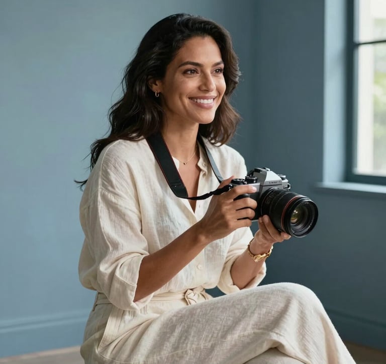A sophisticated lifestyle portrait of a South American woman in her 30s with a warm smile, sitting in a bright, modern interior with slate blue walls. She is wearing elegant off-white linen clothes and holding a high-end travel camera. Natural side lighting from a window.