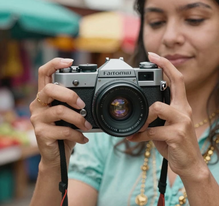 Close-up of a South American / Brazilian woman's hands holding a vintage camera, with a backdrop of a colorful local market in South America. The image features pale aqua and gold tones, reflecting a focus on capturing memories and the joy of exploring new textures and cultures.