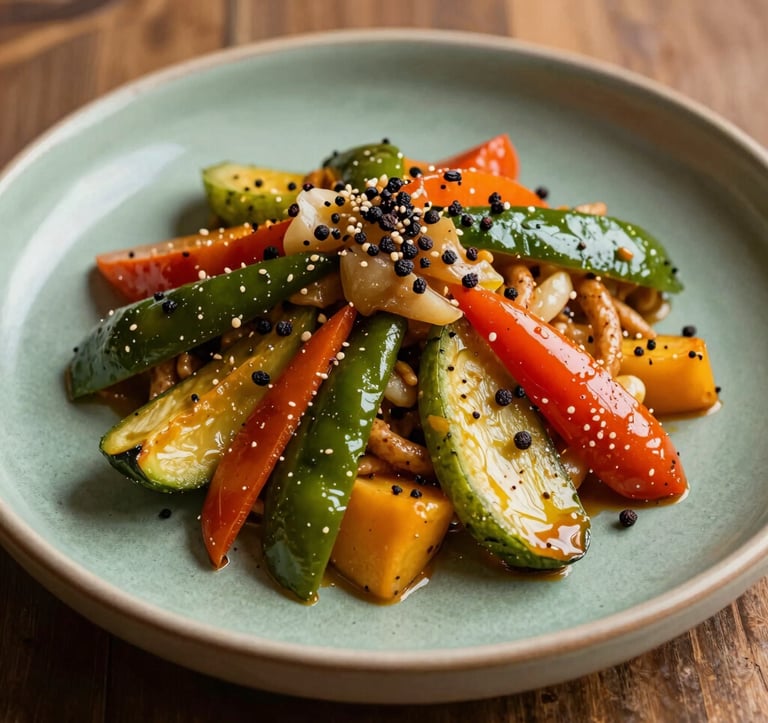 Close-up of an authentic South American gourmet dish featuring vibrant vegetables and exotic spices on a sage green ceramic plate, professional food photography with warm natural lighting.