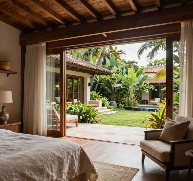 The interior of a high-end boutique resort in Brazil, featuring natural wood, linen textiles, and large windows opening to a private garden. The atmosphere is sophisticated and inviting, captured with soft, natural lighting.