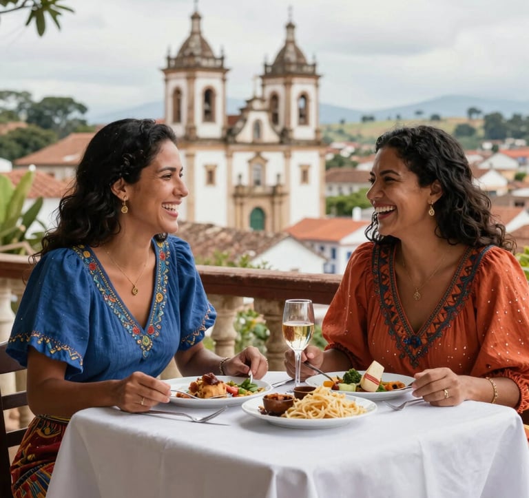 Two South American / Brazilian women laughing and sharing a meal at an outdoor table with a view of a historic colonial town. They are dressed in sophisticated, colorful linens. The scene is bright and invitational, capturing the joy of shared discovery and cultural immersion.