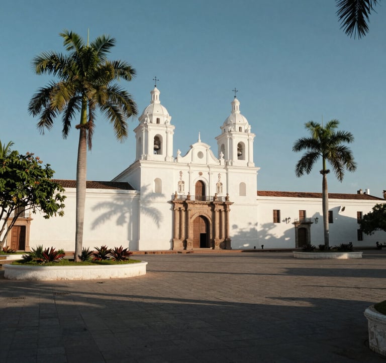 Wide-angle photography of a historic South American colonial plaza with pearl white architecture, lush green palm trees, and elegant shadows during a bright afternoon, conveying a sense of heritage and peace.