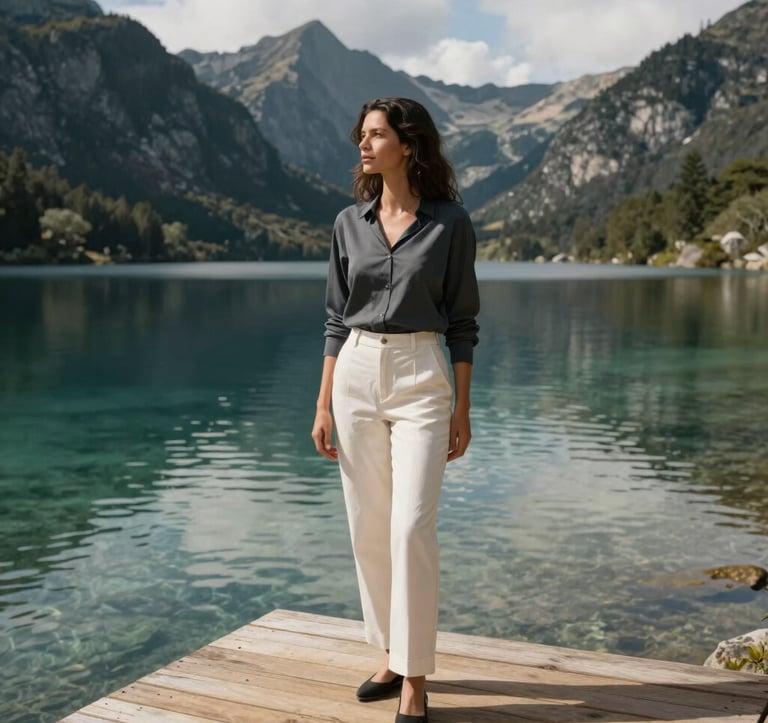 A South American / Brazilian woman enjoying a moment of peace on a wooden deck by a crystal-clear mountain lake. She wears elegant travel attire in shades of charcoal and off-white. The lighting is clean and natural, reflecting a mood of quiet sophistication and enrichment.