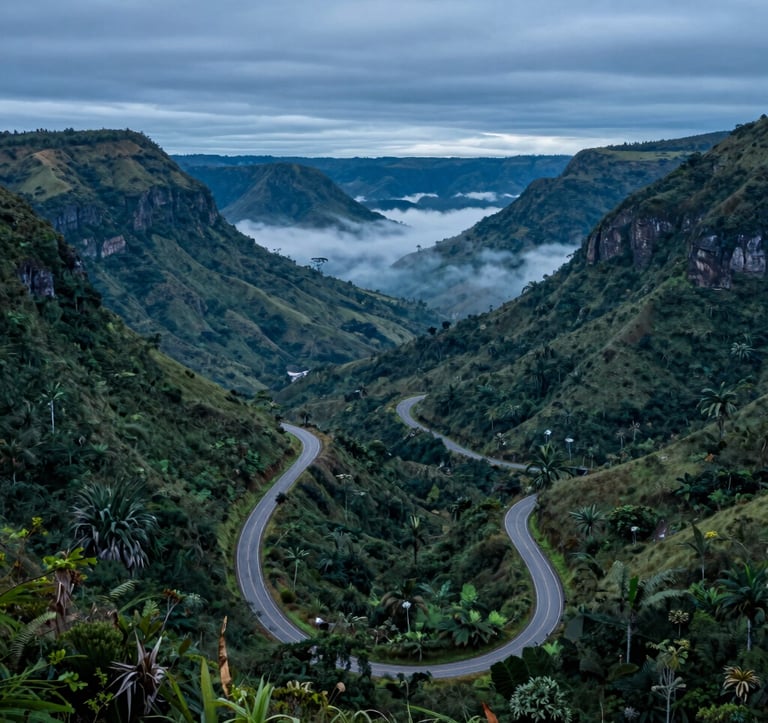 A beautiful scenic view of a winding road through South American / Brazilian mountains, captured during the blue hour. The landscape features lush greenery and muted cyan mist in the valleys. High-end travel photography style, emphasizing the scale and beauty of the natural world.