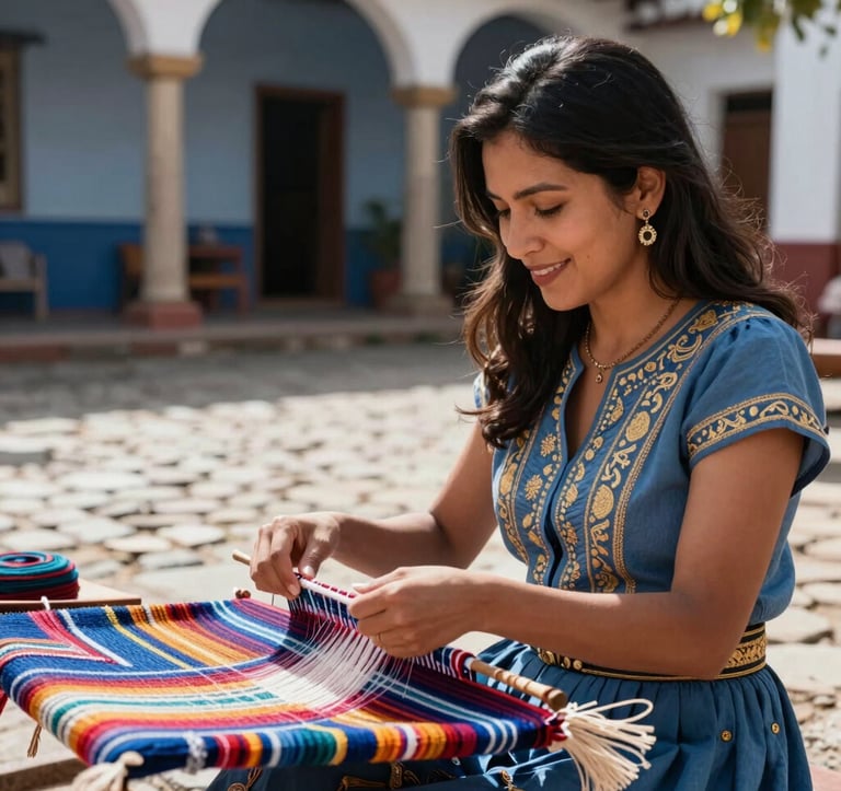 A South American woman dressed in elegant travel attire, smiling as she observes a local artisan weaving a colorful textile in a sunlit cobblestone courtyard, photography with soft slate blue and gold accents.