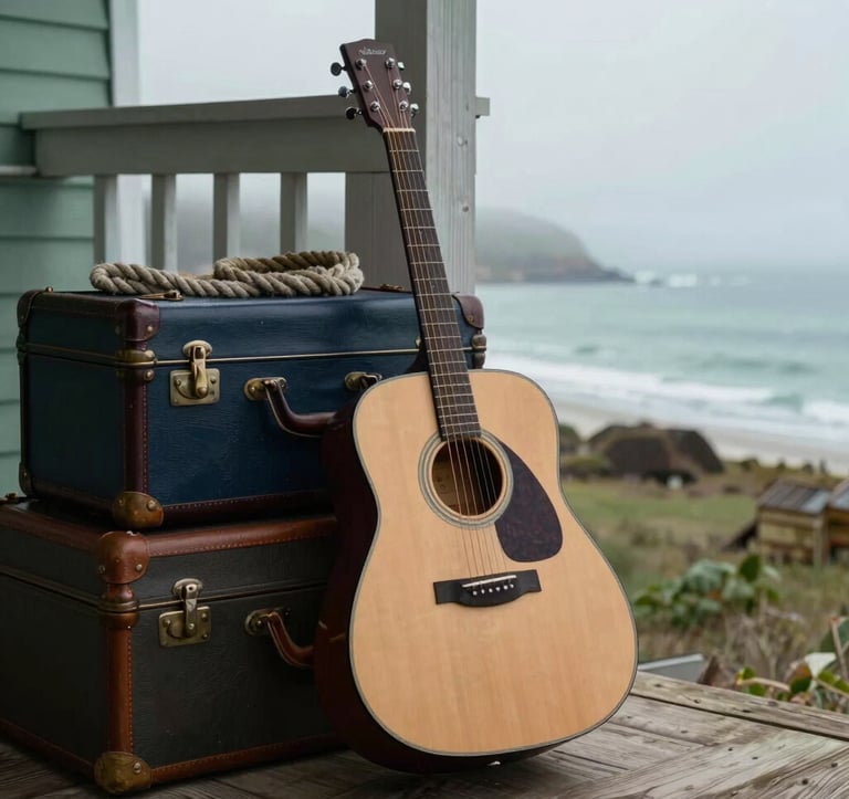 An acoustic guitar leaning against a stack of vintage travel trunks and nautical ropes on a wooden porch overlooking a misty coastal bay. Muted sea green and deep navy color palette, North American Coastal setting.