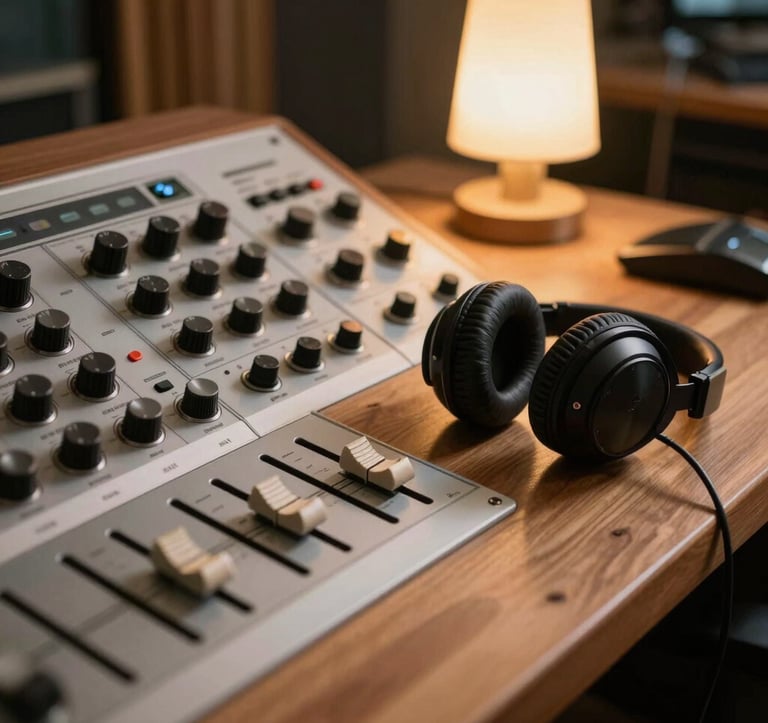 An intimate view of an analog recording studio desk with vintage dials, sliders, and a glowing warm lamp. A pair of professional headphones rests on a wooden table, reflecting a refined North American aesthetic.