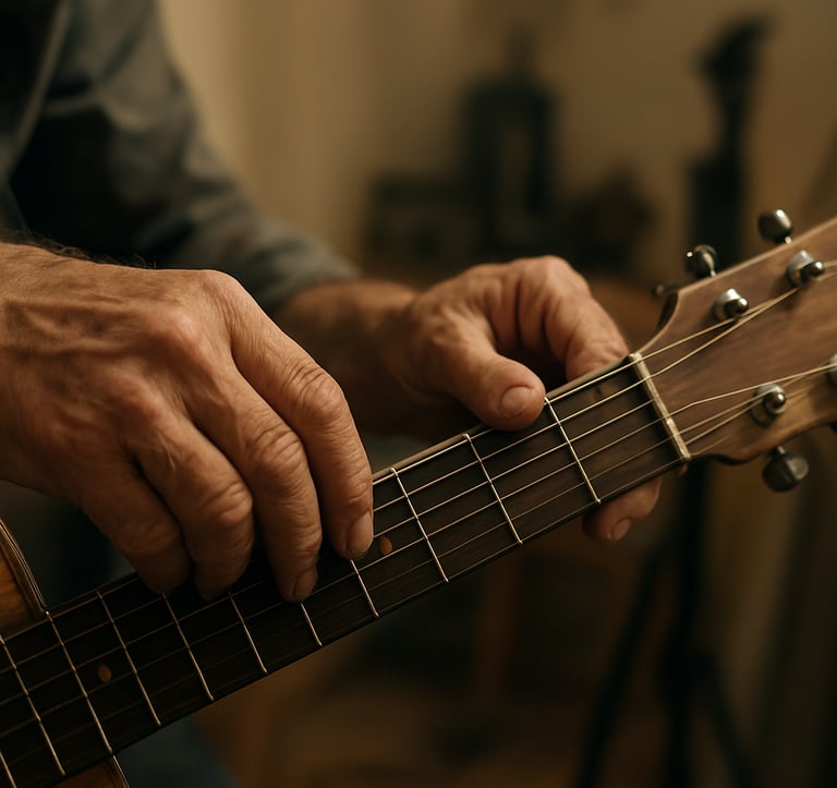 Close up of an artisan's weathered hands tuning an old wooden acoustic guitar. The background shows soft-focus studio equipment and warm white walls. North American Coastal aesthetic, artistic lighting.
