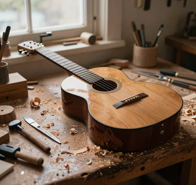 A detailed, atmospheric shot of an old wooden workbench in a coastal workshop. Wood shavings and luthier tools surround a partially finished guitar. Soft, warm sand-colored light filters through a window, reflecting a spirit of seasoned craftsmanship.