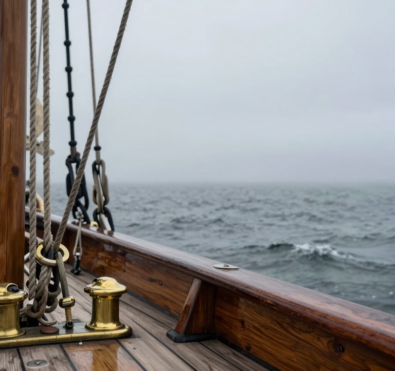 An action shot from the deck of a classic wooden sailing vessel. Polished brass fittings and weathered ropes are in sharp focus in the foreground, with the vast, misty North American / Coastal Atlantic horizon stretching out behind under a soft gray sky.