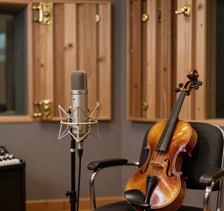 A vintage-inspired interior of a recording studio with warm wood panels and aged brass hardware. An old ribbon microphone stands near a violin resting on a chair. The scene is bathed in soft morning light, evoking a sense of North American craftsmanship and history.