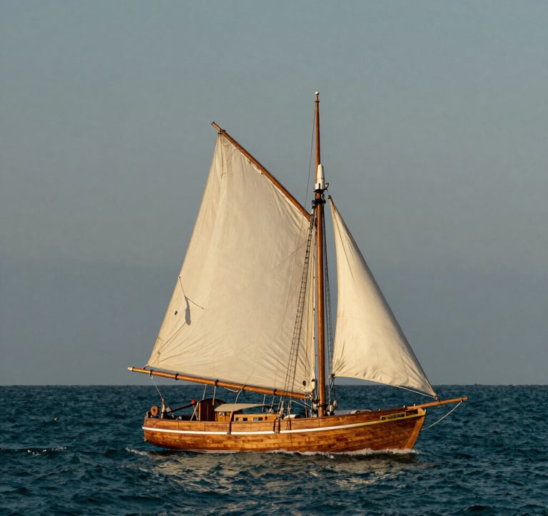 A serene photograph of a classic wooden sailboat gliding through deep teal waters off the North American coast. The sky is a muted gray-blue, and the sails are a soft warm white.