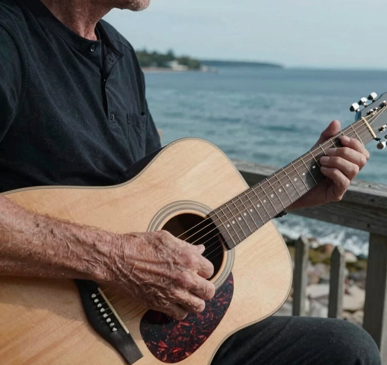 A refined, artistic close-up of weathered hands playing an acoustic guitar on a wooden porch overlooking a calm North American coastal bay. Soft natural light highlights the wood grain of the guitar and the sea spray in the distance. Warm white and deep blue tones.