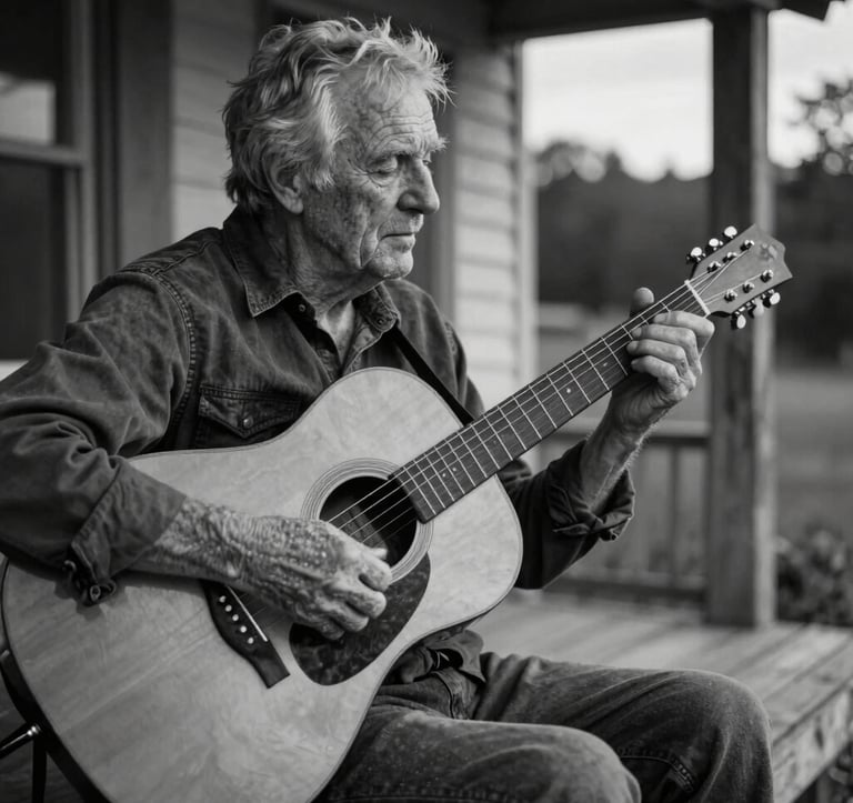 A soulful black and white style photograph of an older musician's weathered hands tuning a vintage acoustic guitar. The setting is a rustic North American porch with natural wood grain and soft evening shadows.