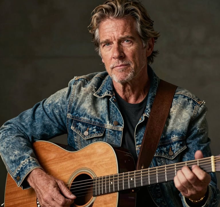A refined portrait of a seasoned man with a thoughtful expression, holding a vintage acoustic guitar. The lighting is warm and directional, highlighting the texture of a worn denim jacket and the grain of the wood. North American / Coastal style.