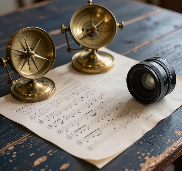 Close up photography of vintage brass navigation instruments and handwritten sheet music on a weathered wood table. Warm sand and deep navy tones, soft morning light, North American Coastal style.