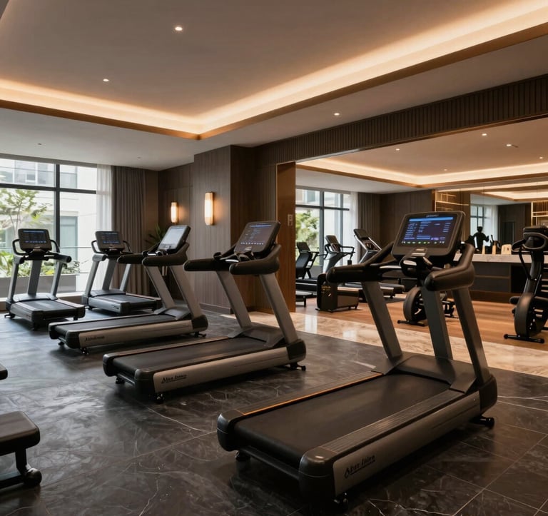 An upscale wellness lounge and executive fitness center inside a luxury South Asian / Indian corporate hotel, featuring state-of-the-art equipment, premium dark slate interiors, and soft, warm ambient lighting.