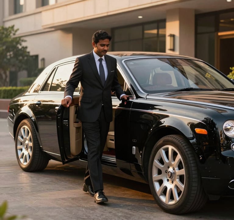 A sleek premium black chauffeur-driven luxury car parked outside a prestigious five-star corporate hotel in New Delhi, India. Professional driver in formal wear holding the door open, South Asian / Indian business corporate executive stepping out. Warm golden hour light reflecting, clean, highly efficient luxury logistics.