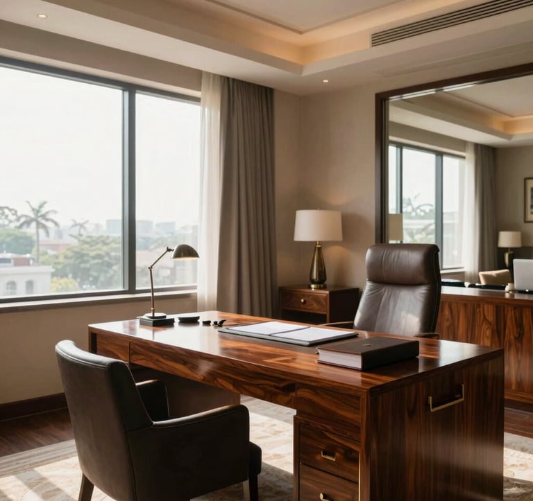 A beautifully designed executive suite inside a luxury hotel in New Delhi, featuring modern South Asian / Indian decor accents, a large mahogany work desk, and bright morning daylight filtering through tall windows.