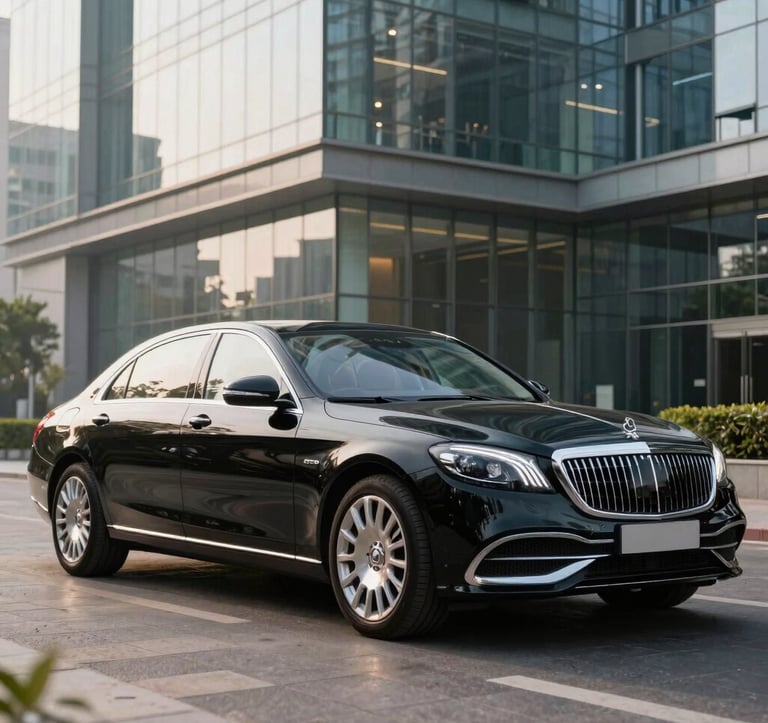 A pristine premium black executive sedan parked in front of a modern glass-facade corporate office building in a major South Asian / Indian city. Soft morning light reflecting on the vehicle, clean composition, emphasizing high-end corporate transport, reliability, and security.