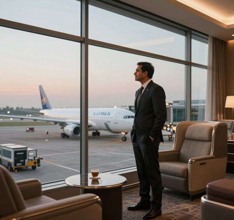 Elegant business class lounge at an international airport. A South Asian / Indian executive passenger stands looking out of the floor-to-ceiling glass window at the airplanes on the tarmac. Sophisticated travel environment, warm bronze interior design tones, commercial aviation, twilight lighting.