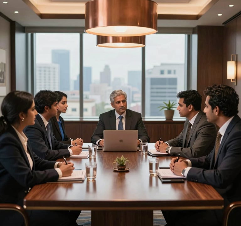 A high-end, professionally styled business meeting room in a luxury hotel. Group of South Asian / Indian corporate professionals engaged in a meeting, elegant polished wood table, warm corporate bronze accent lighting, glass walls showing a soft-focus urban skyline, demonstrating premium corporate efficiency.
