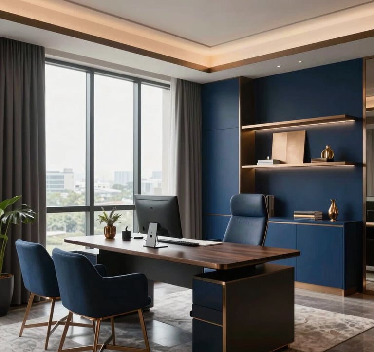 A high-end serviced corporate apartment interior in Bangalore, featuring modern minimalist furniture, a sleek workstation, a large window letting in soft daylight, and elegant deep blue and corporate bronze decorative accents.