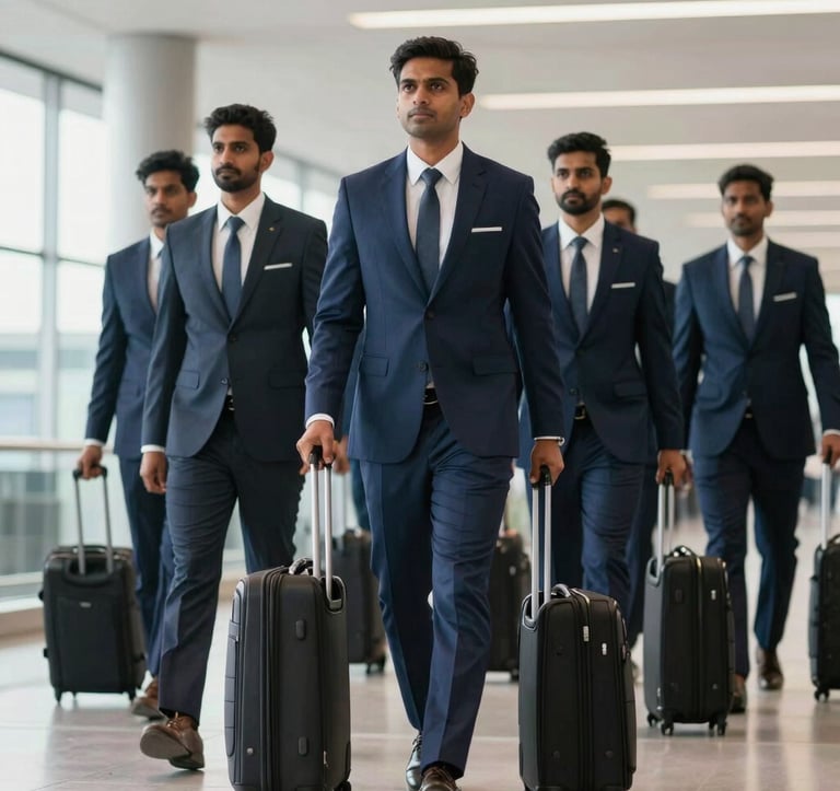A professional South Asian / Indian sports team in matching corporate blazers walking in unison through a bright, modern airport terminal, carrying pull-along suitcases. Soft natural light, sharp focus, capturing an atmosphere of focused energy, meticulous planning, and premium corporate travel.