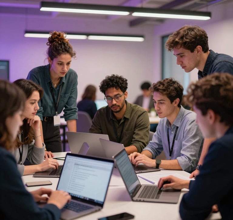 A candid photograph of a group of focused professionals collaborating in a modern coworking space. They are gathered around a table with laptops, appearing engaged in a productive discussion. Soft purple lighting. North American / Global Professional.