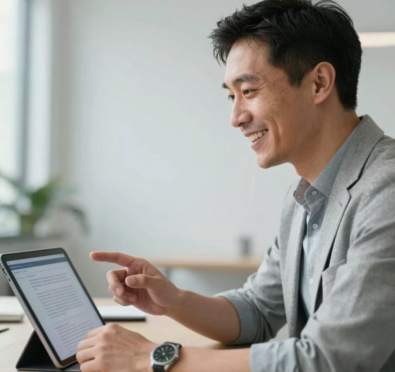 A close-up of a professional career coach in a bright office environment, smiling warmly while gesturing toward a digital presentation on a tablet. Sophisticated, minimalist setting. North American / Global Professional.
