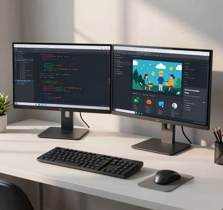A clean, bright photograph of a modern home office setup with a dual-monitor configuration showing educational software and code, illuminated by soft morning light, North American / Global Professional.