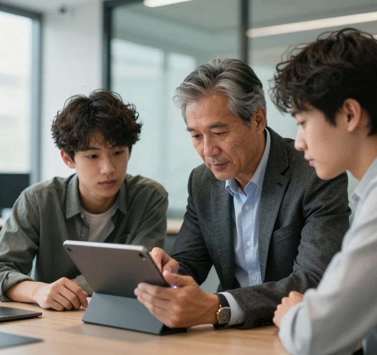 A professional photography shot of a mentorship session. A seasoned professional and a younger student are reviewing a digital tablet together in a bright, glass-walled office room. The atmosphere is encouraging. North American / Global Professional.