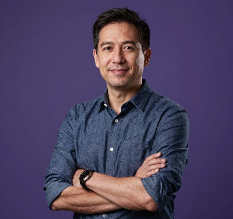 Portrait of a confident tech instructor in a clean, professional studio setting. Soft, cinematic lighting with a minimalist background featuring deep purple tones. North American / Global Professional.