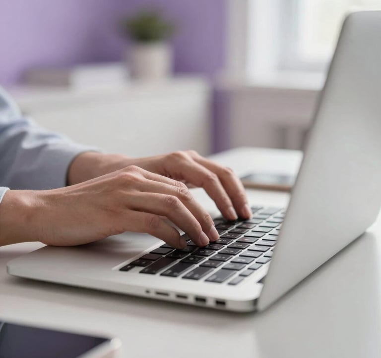 A close-up photograph of a professional using a sleek, modern laptop in a well-lit home office. The lighting is bright and clean with soft purple accents. A North American / Global Professional setting focused on productivity.