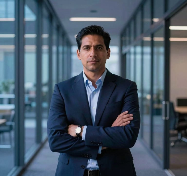 A portrait of a confident North American / Global Professional standing in a modern, glass-walled office corridor. The lighting is cinematic with deep blue and soft violet tones, conveying focus and success.