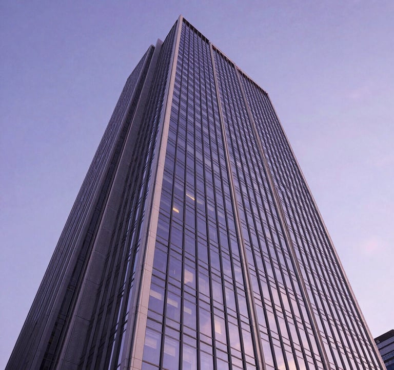 A low-angle shot of a modern corporate skyscraper made of glass and steel, reflecting a clear twilight sky. The architecture is sharp and innovative, colored with soft white and deep violet highlights.