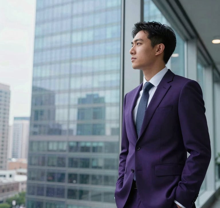 A confident professional in business attire stands in front of a glass wall in a modern skyscraper, looking out at a city skyline. The composition is sleek and results-oriented, using light blue and deep purple tones. North American / Global Professional.