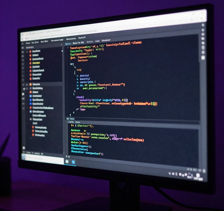 A macro photograph focusing on a high-definition monitor displaying sophisticated programming code. The room is dimly lit with deep purple and dark navy ambient lighting, creating a high-tech and innovative atmosphere. North American / Global Professional.