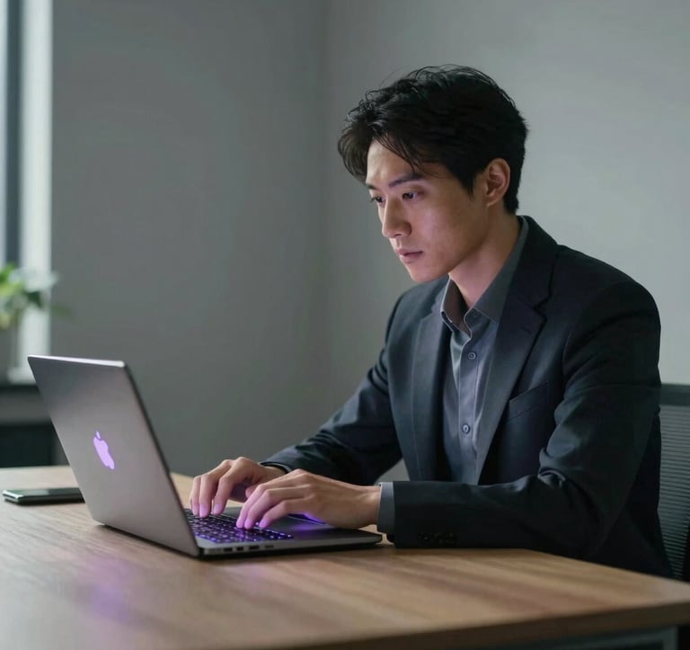 A focused, professional photograph of a person in a minimalist, modern office environment, intensely working on a sleek laptop with soft purple light accents on the desk, North American / Global Professional.