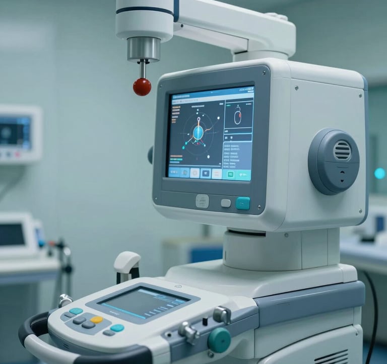 Close-up photography of a state-of-the-art medical diagnostic room in a Romanian hospital. High-tech equipment with clean blue-grey surfaces and digital interfaces. The lighting is sterile yet professional, reflecting safety and advanced care.