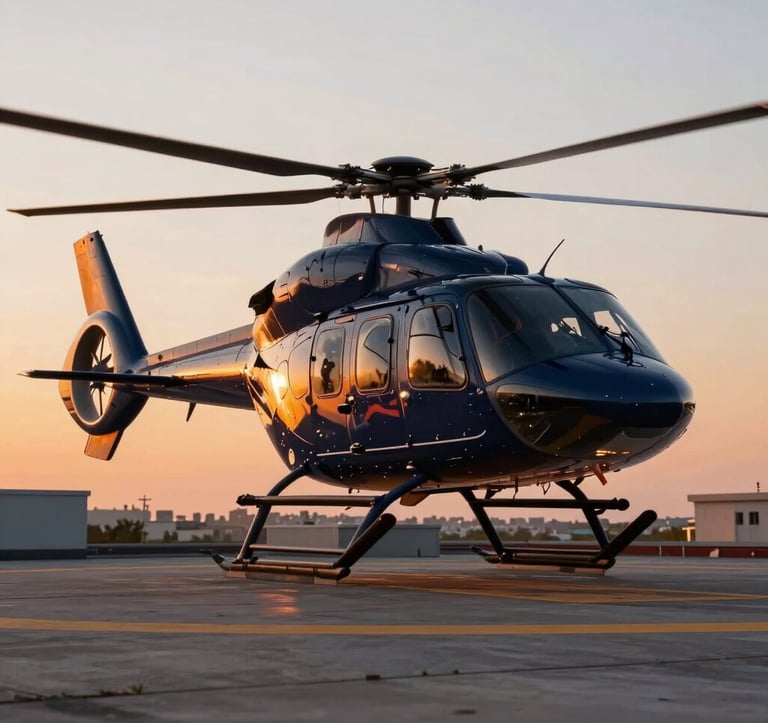 A dynamic photography shot of a medical helicopter landing on a rooftop heliport during sunset. Deep navy and orange light reflects off the metal. The composition is powerful and conveys urgency and high-tech care.