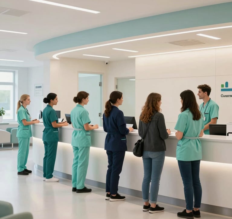 A professional photograph of a bright, modern hospital reception area in Bucharest. Medical staff in professional mint green and dark blue uniforms are interacting with citizens in a friendly manner. The interior is spacious with clean lines and off-white and light blue decor.