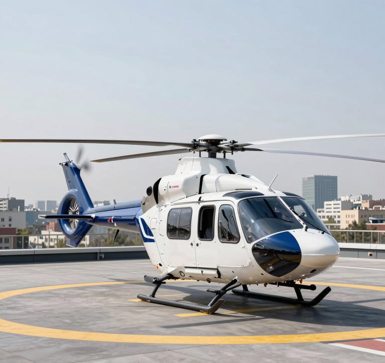 A professional shot of a modern medical rescue helicopter on a rooftop landing pad, with the Bucharest skyline in the background. Bright daylight, emphasizing swift emergency response and advanced technology.