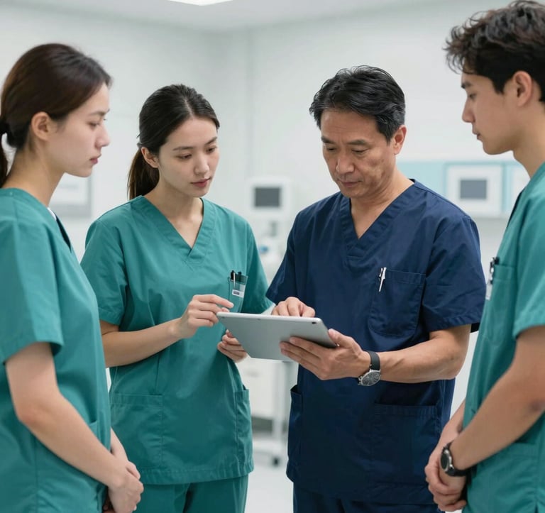 A professional photograph of a medical team in teal and navy blue scrubs discussing a project over a digital tablet in a clean, brightly lit Central European medical facility. Focus is on collaboration and trust.