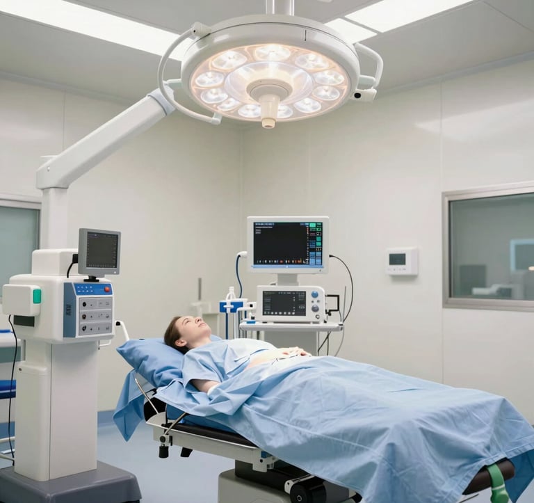 A bright, sterile, and high-tech multidisciplinary operating room with advanced surgical equipment. Soft lighting in off-white and soft blue, conveying a professional and hopeful medical environment.